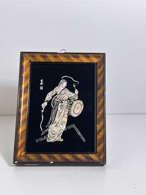 VTG Reverse Painting on Glass Mother of Pearl inlay Asian Women Playing Drum